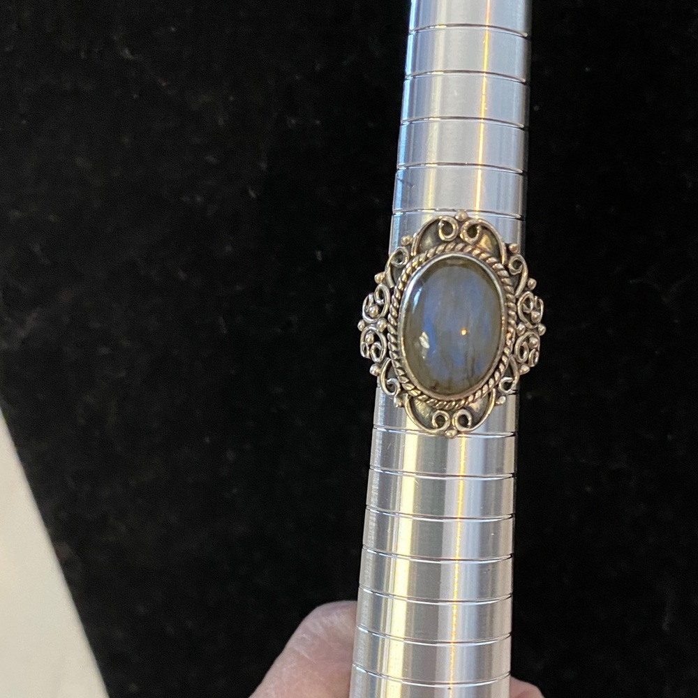 Silver and Blue Labradorite Gemstone Ring with 925 SS Detail
